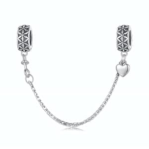 "Guardian Flower of Life Safety Chain" s925 sterling silver safety chain with Flower of Life charms and heart pendant, jewelry accessory.