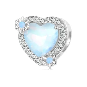 Snow Love Charm - Heart-shaped silver charm with light blue glass, cubic zirconia, and opal snowflake. Winter-themed jewelry for her.