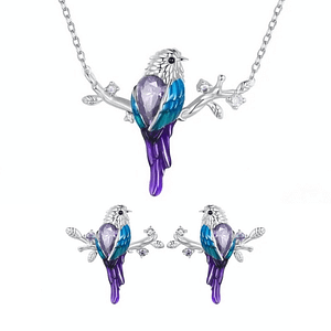Exquisite Purple Bird Necklace and Stud Earrings Set in s925 Sterling Silver, adorned with vibrant enamel and cubic zirconia stones, symbolizing nature's elegance and freedom.