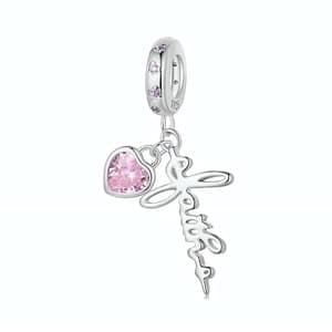 Sterling silver Faith Dangle Charm with pink cubic zirconia stones, perfect for bracelets and necklaces