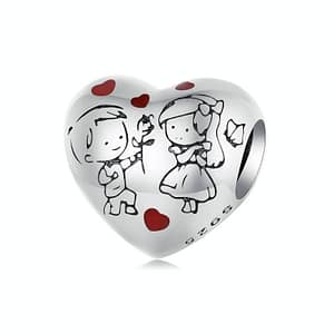 Sterling silver heart charm featuring engraved scene of boy giving rose to girl surrounded by red hearts - Innocent Love Collection