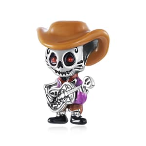 S925 sterling silver Cowboy Skeleton Guitarist Charm wearing a brown cowboy hat and holding a decorative guitar – Coco Charms Collection.