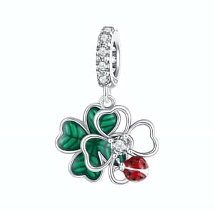 Ladybug & Four Leaf Clover Dangle Charm - A symbol of luck and whimsy in high-quality s925 sterling silver. Adorn your bracelet with this exquisite piece, featuring cubic zirconia sparkle.