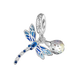 Dragonfly Dangle Charm: Stunning s925 sterling silver charm with blue enamel wings and sparkling cubic zirconia stones, perfect for adding a touch of elegance and nature-inspired beauty to your jewelry collection.
