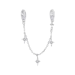 Starburst Safety Chain featuring sterling silver stopper charms with star patterns and cubic zirconia stones, linked by a silver chain.
