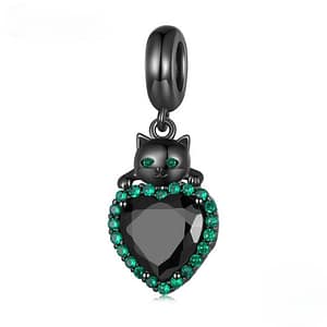 S925 Black Cat Hugging Heart Dangle Charm | Go Glam Girl jewelry shop