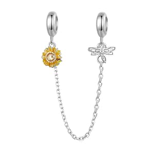 Sterling silver Sunflower & Dragonfly Safety Chain charm from Sunward Charms Collection. Yellow enamel sunflower with cubic zirconia center stone on left stopper. Silver dragonfly with cubic zirconia on right stopper. Secure and stylish bracelet accessory with symbolic nature-inspired design.