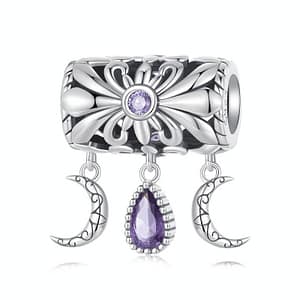 Sterling silver Guardian Fleur de Lis Symmetrical Charm with purple drop and moons, a symbol of elegance and protection.