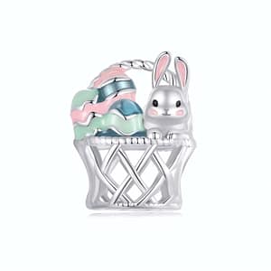 Easter Basket Charm - Sterling silver charm with a basket filled with colorful eggs and a cute bunny rabbit. Perfect for Easter celebrations and springtime jewelry.