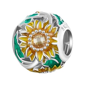 Delightful Sunflowers Charm - Sterling Silver Floral Charm with Enamel and Cubic Zirconia Stones. Nature-inspired jewelry symbolizing happiness and joy. Yellow sunflower pattern with green enamel leaves. Radiant and elegant accessory for nature lovers. Shop now for this exquisite sunflower-themed charm.