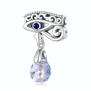 Sterling silver Eye of Horus charm with blue glass drop, symbolizing protection and warding off negativity. Ancient Egyptian inspired design.