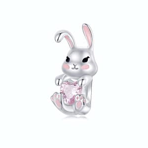 Sterling silver Easter Bunny Charm with pink heart-shaped stone, perfect for Easter jewelry collection.
