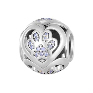 S925 silver charm with opal paw prints encircled by silver hearts, symbolizing pet love. Perfect for animal lovers.