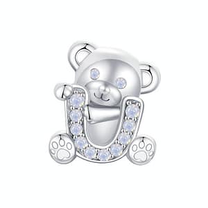 S925 sterling silver U Letter Teddy Bear Love Charm. Opal-studded bear hugs the letter 'U,' a perfect addition to the Teddy Bears Love Charms Collection. Ideal for Valentine's Day gifting. #LoveCharm #TeddyBearJewelry #ValentinesGift