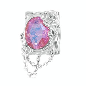 Sterling silver Sleeping Beauty Briar Rose Mirror charm with red glass, rose bush, butterfly, and cubic zirconia stones.