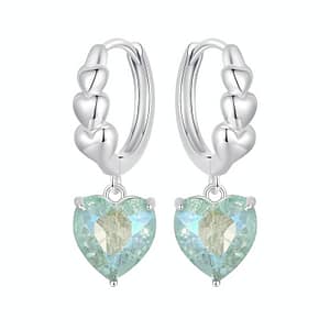 Dazzle in these s925 silver Blue-Green Heart Drop Earrings. Cascading silver hearts on hoops with a transparent blue-green heart drop. Elegant and stylish jewelry.