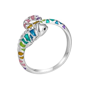 Rainbow Chameleon Open Ring - Adjustable sterling silver ring with enamel-filled rainbow chameleon design and black cubic zirconia eyes. Fashionable and versatile jewelry accessory.