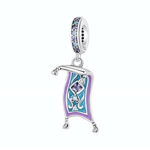 Silver Arabian Nights Magic Carpet Dangle Charm with opal stones and purple cubic zirconia, ideal for charm bracelets