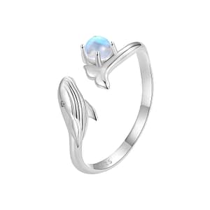 Silver adjustable whale open ring with cubic zirconia eyes and a moonstone accent, crafted from s925 sterling silver, a unique and stylish accessory.