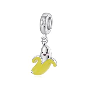 S925 sterling silver happy banana charm with bright yellow enamel, Cute Fruit Charms Collection