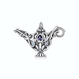 Arabian Nights Magic Genie Lamp Charm in sterling silver with opal and purple cubic zirconia stones, enchanting jewelry accessory.