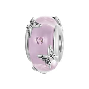 Exquisite Pink Glass Butterflies Charm - pink glass bead with silver butterfly pattern and tiny pink hearts. A unique accessory for your jewelry collection.