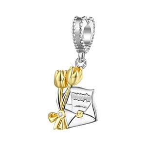 Romantic Letter Invitation Dangle Charm: Sterling silver charm featuring a silver letter, gold tulips, and a heart-shaped dangle. Perfect for expressing love and elegance. French Picnic Charms Collection.