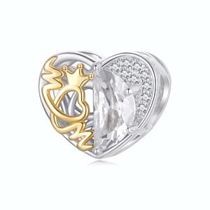 Sterling silver Mom Heart Charm with 'mom' text and crown detail on one side, transparent glass and cubic zirconia stones on the other.