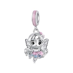 S925 sterling silver Rose Petal Fairy charm with blush-pink enamel and wavy silver hair