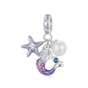 Mermaid Dangle Charm featuring a pink and purple mermaid, green enamel starfish with cubic zirconia, and shell pearl.