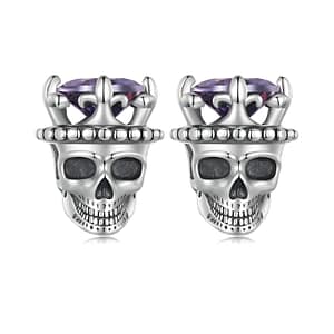 King of Skull Stud Earrings: Exquisite S925 Sterling Silver with Crowned Purple Cubic Zirconia Stone. Embrace Fearless Style & Power with These Edgy Skull Earrings!