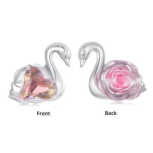 Sterling silver swan charm with pink heart and rose enamel accents, symbolic jewelry for grace and love, perfect gift idea.