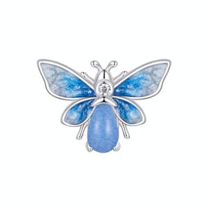 S925 sterling silver Luminous Blue Moth Stopper Charm. Sparkling cubic zirconia, glowing lower body. Perfect for spring. From the Luminous Night Charms Collection.