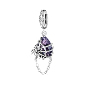 "Purple Heart in Spider Web Dangle Charm - S925 Sterling Silver with Dark Purple Glass Heart, Silver Spider, and Gothic Pattern. Perfect for Halloween Vibes!" 🕷️💜🎃