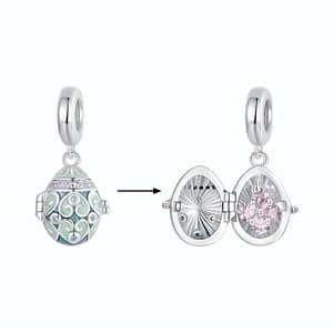 Easter Egg Dangle Charm - Colorful egg adorned with sparkling purple cubic zirconia stones and a hidden four-leaf clover inside. Perfect for Easter jewelry collection.