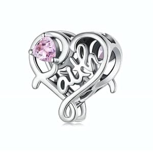 Sterling silver heart-shaped faith charm with pink cubic zirconia stone, symbolizing love and devotion