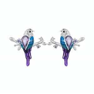 Purple Bird Stud Earrings - Enamel bird perched on silver branch with purple cubic zirconia. Nature-inspired chic accessory for bird lovers.