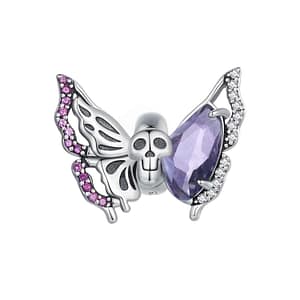 "Skull Butterfly Stopper Charm - S925 Sterling Silver with White and Pink CZ Stones, Purple Glass, and Intricate Butterfly Design. Perfect for Halloween Vibes!" 🦋💀🎃