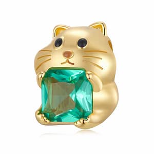 Cute Gold Hamster Charm crafted from s925 sterling silver with gold plating, featuring an adorable hamster holding a green transparent glass gemstone. Part of the Pet Charms Collection, ideal for animal lovers and jewelry enthusiasts.