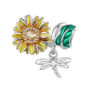 Whimsical Sunflower Wrap Charm: Sterling Silver Sunflower Charm with Enamel and CZ Stones, Dragonfly Accent. Nature-inspired jewelry symbolizing happiness, transformation, and vitality. Perfect addition to charm bracelets. Shop now for unique and enchanting sunflower jewelry.