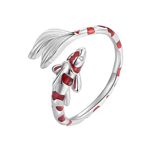 Red Koi Fish Open Ring: Adjustable sterling silver ring with vibrant red enamel and sparkling cubic zirconia eyes, symbolizing luck and transformation in a unique accessory.