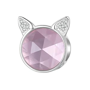 S925 silver cat head charm with pink glass, CZ stones, 'Best friends' engraving, and pet paw. Symbol of feline companionship and love.