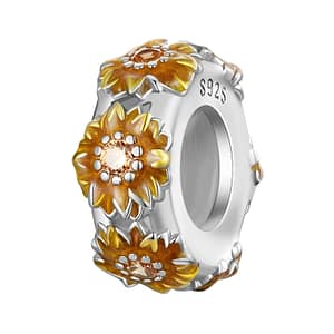 Delightful Sunflowers Stopper Charm: Radiant s925 sterling silver charm with yellow enamel sunflowers and sparkling cubic zirconia stones. Enhance your bracelet with this symbolic and stylish addition from the Sunward Charms Collection.