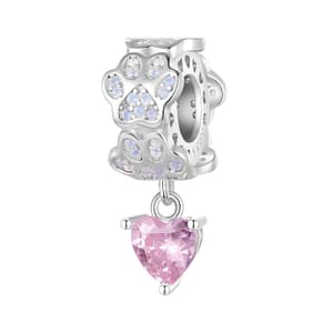 S925 silver paw print pattern dangle charm with opal stones and pink heart dangle, pet lover's jewelry accessory, opal paw pattern charm with cubic zirconia stone heart.