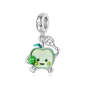 S925 sterling silver green apple charm holding a tennis racket with colorful enamel, Cute Fruit Charms Collection