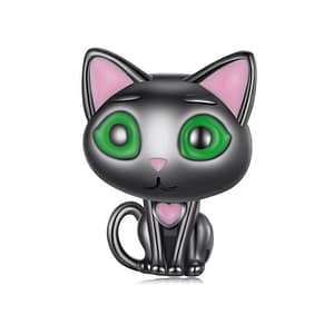 Cute Black Cat Charm made of s925 sterling silver, plated in black gold, with green enamel eyes and pink heart details. Part of the Pet Charms Collection, perfect for cat lovers and charm collectors.