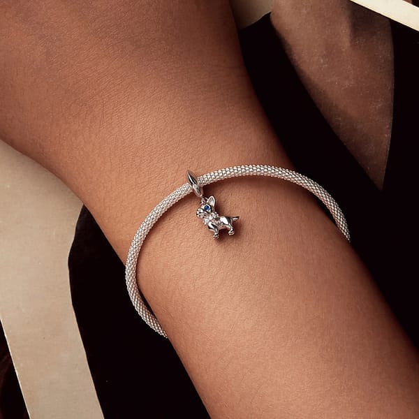 Celebrate Your Love for Pets on National Love Your Pet Day 18 Sterling silver French Bulldog dangle charm with blue spinel eyes, cubic zirconia collar, and white gold plating. A perfect pet-lover charm for bracelets & necklaces.