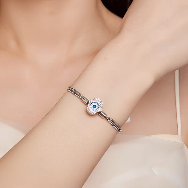 The power of Evil Eye and Hamsa symbols: protecting yourself and your loved ones 37 S925 Fatima Hand Stacked Snake Chain Charm Bracelet | Go Glam Girl jewelry shop