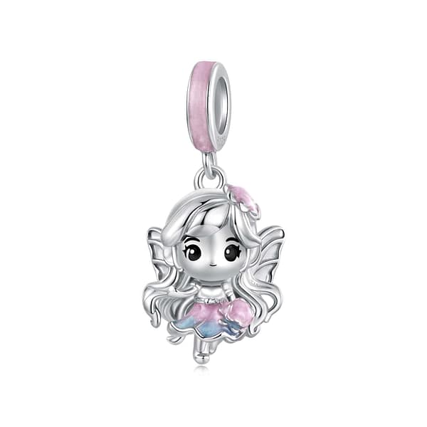 Discover Magic in Every Detail with the Fairy Charms Collection 27 S925 sterling silver Rose Petal Fairy charm with blush-pink enamel and wavy silver hair