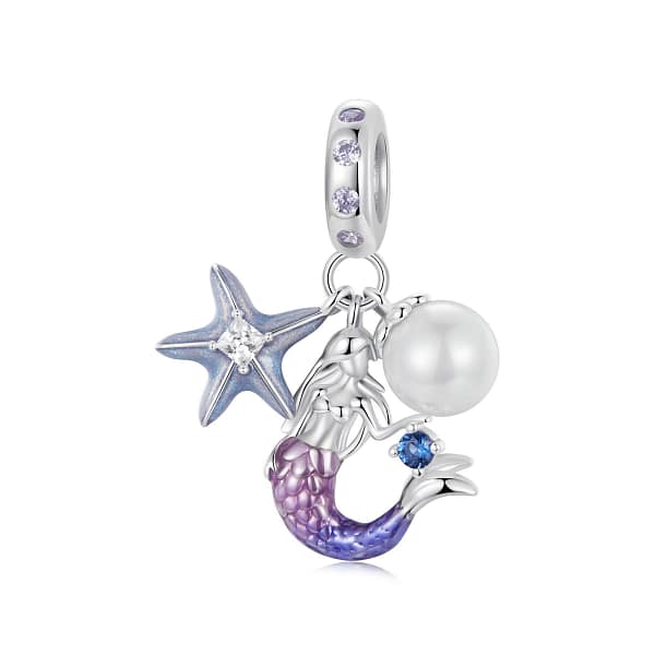 Dive into Style: 10 Must-Have Ocean-Inspired Jewelry Pieces of 2023 32 Mermaid Dangle Charm featuring a pink and purple mermaid, green enamel starfish with cubic zirconia, and shell pearl.
